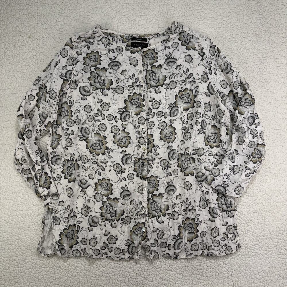 Tahari 100% Linen Floral Tunic Size 2X 3/4 Sleeves Button-Up Collarless Boho
